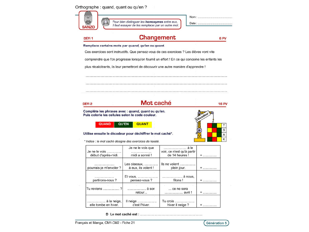 Fiche exercice orthographe - Français et Manga au CM1 et CM2