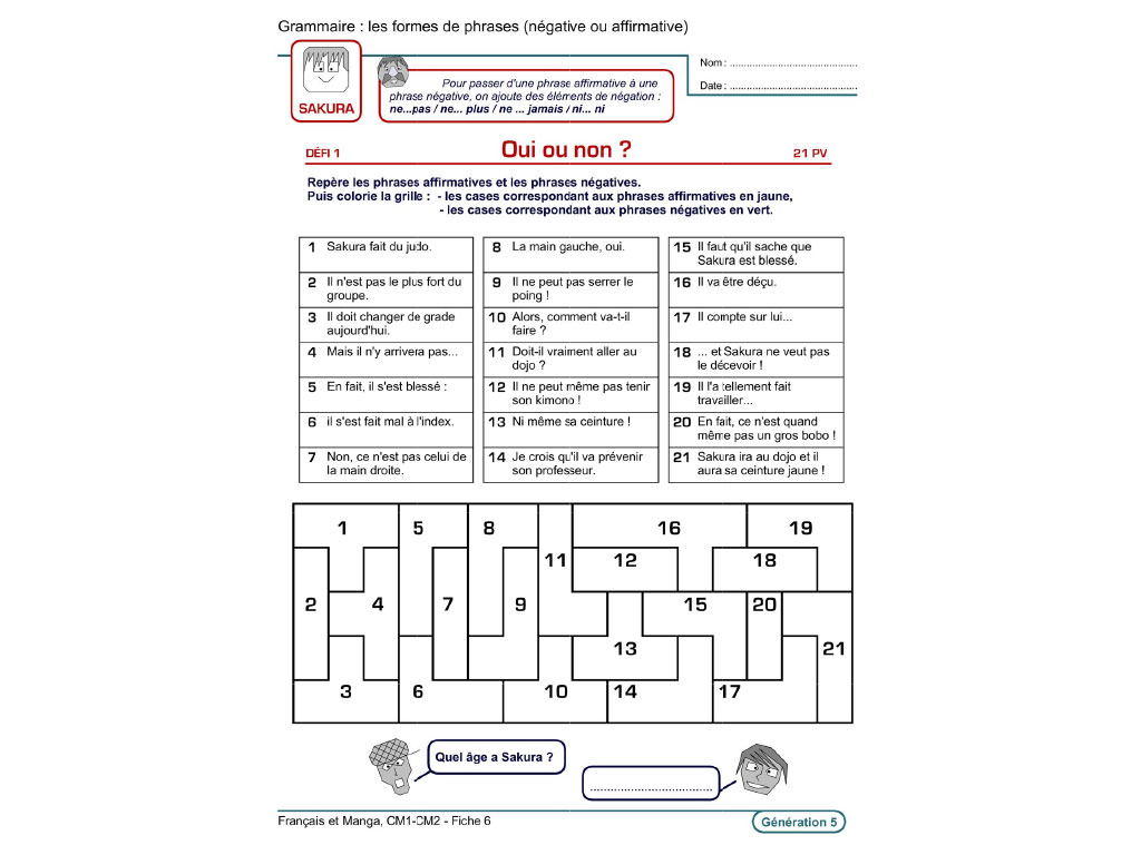 Fiche exercice grammaire - Français et Manga au CM1 et CM2